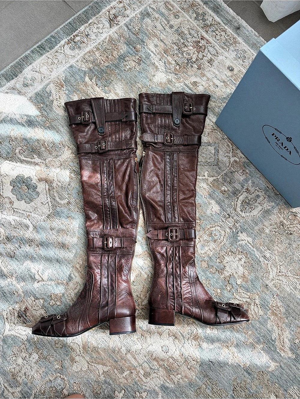 Runway Prada Capra Leather Over-The-Knee Tall Low Heel Boots Brown Size 37 EU - Picture 5 of 17